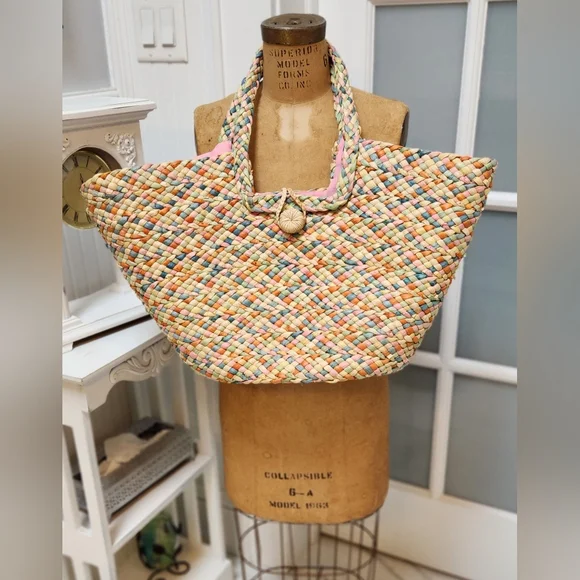 Large Colorful Straw Beach Bag Tote - Picture 4 of 9